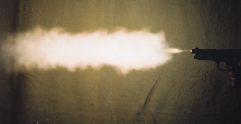 The high pressure expanding gasses and flame can be seen in this picture of the 9mm Beretta 92FS firing a Film Industry Blank Cartridge