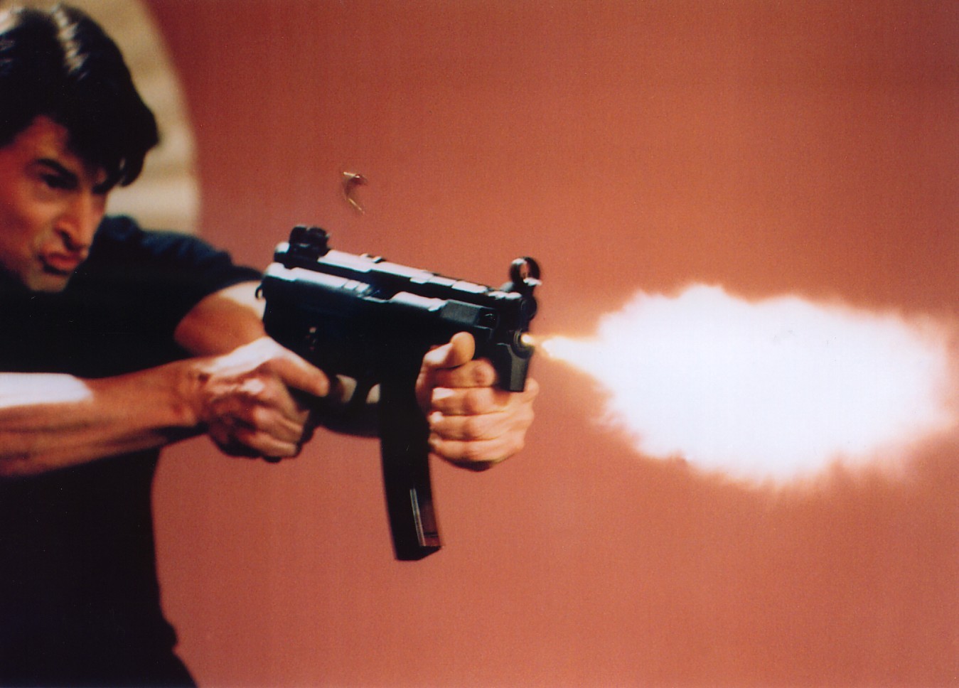 The flame from the 9mm Film Industry Blank in the MP5K can be clearly seen in this picture 